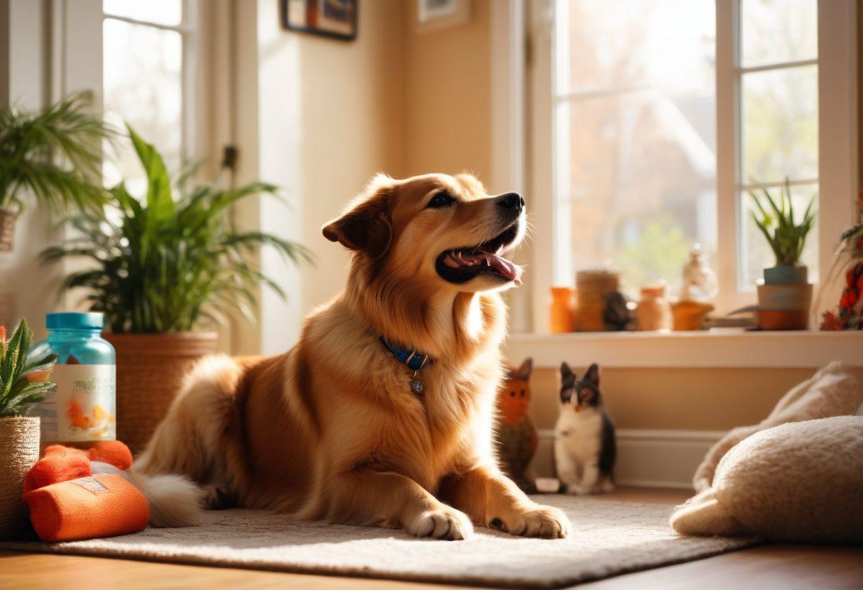 A joyful scene featuring a happy dog and a content cat, surrounded by various wellness products like natural food, toys, and health supplements. In the background, a cozy home environment with pet-friendly plants and colorful accessories, illustrating a healthy and vibrant pet lifestyle. Sunlight streaming in through a window, creating a warm ambiance. super-realistic. vibrant colors. cozy atmosphere.