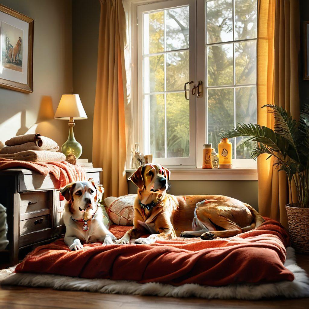 A heartwarming scene featuring various pets like a dog, cat, rabbit, and parrot nestled together in a cozy home environment. They are surrounded by symbols of safety and care, such as a first aid kit and a soft blanket, highlighting the importance of pet insurance. Bright sun rays filter through a window, casting warmth and comfort over the scene. The pets are smiling, showcasing their well-being and happiness. super-realistic. vibrant colors. cozy ambiance.