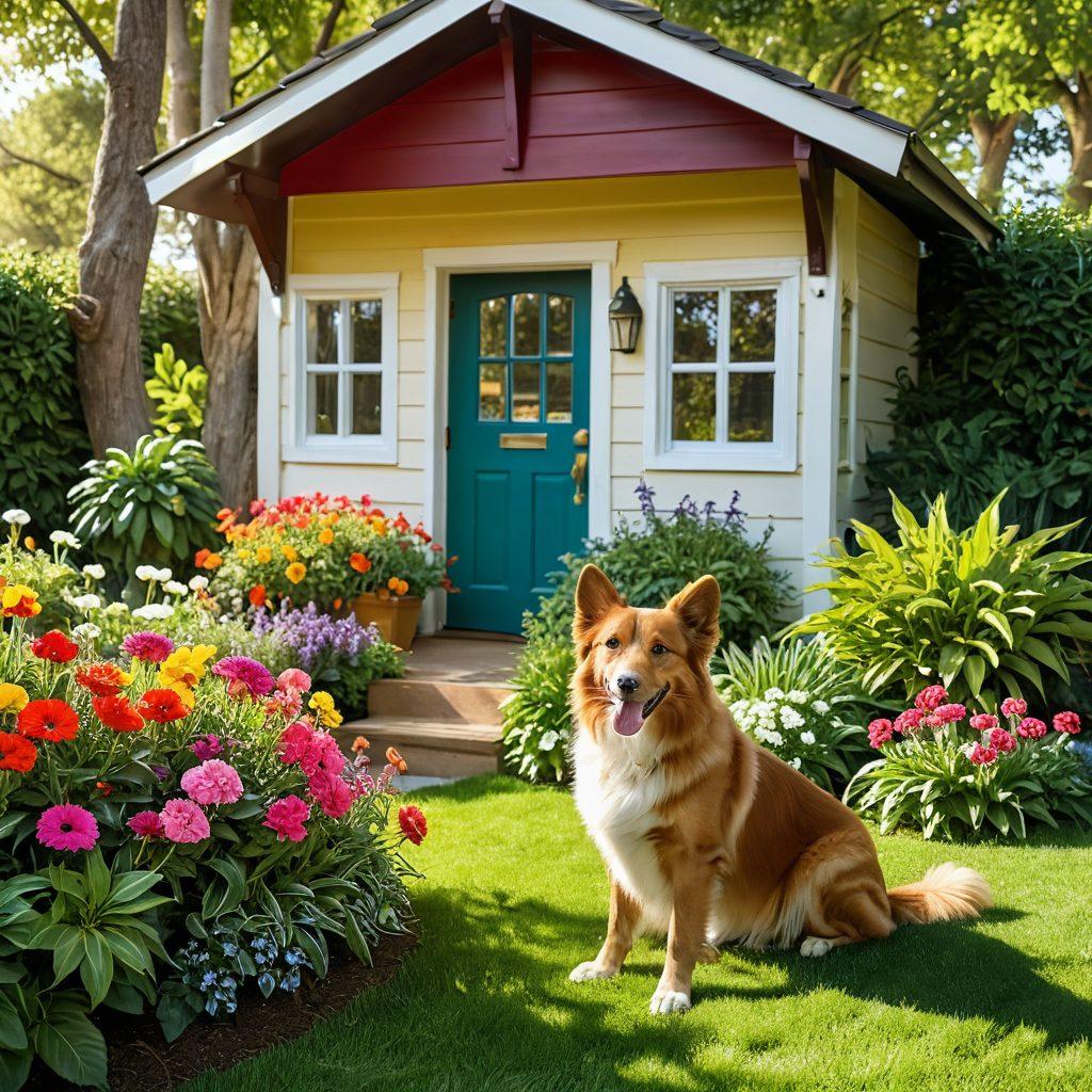 A heartwarming scene featuring a playful dog and a happy cat, surrounded by a colorful garden filled with pet-friendly plants. Nearby, a safe, cozy pet shelter and a vet clinic symbolizing health plans are visible, while a caring owner interacts lovingly with them. Sunlight bathes the scene, creating a joyful atmosphere that emphasizes pet safety and well-being. vibrant colors. super-realistic.